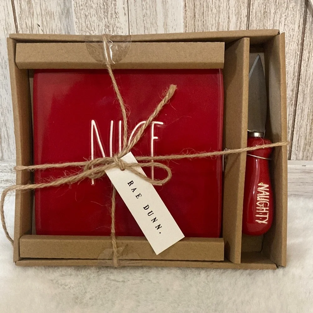 Rae Dunn Red 'Nice' Plate and 'Naughty' Knife Set